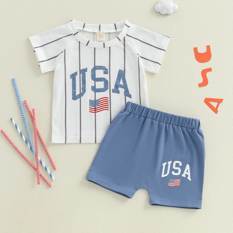 طقم ملابس للأولاد بعلم أمريكي لعيد الاستقلال بأكمام قصيرة وقمصان علوية وسروال قصير مكون من قطعتين ملابس صيفية