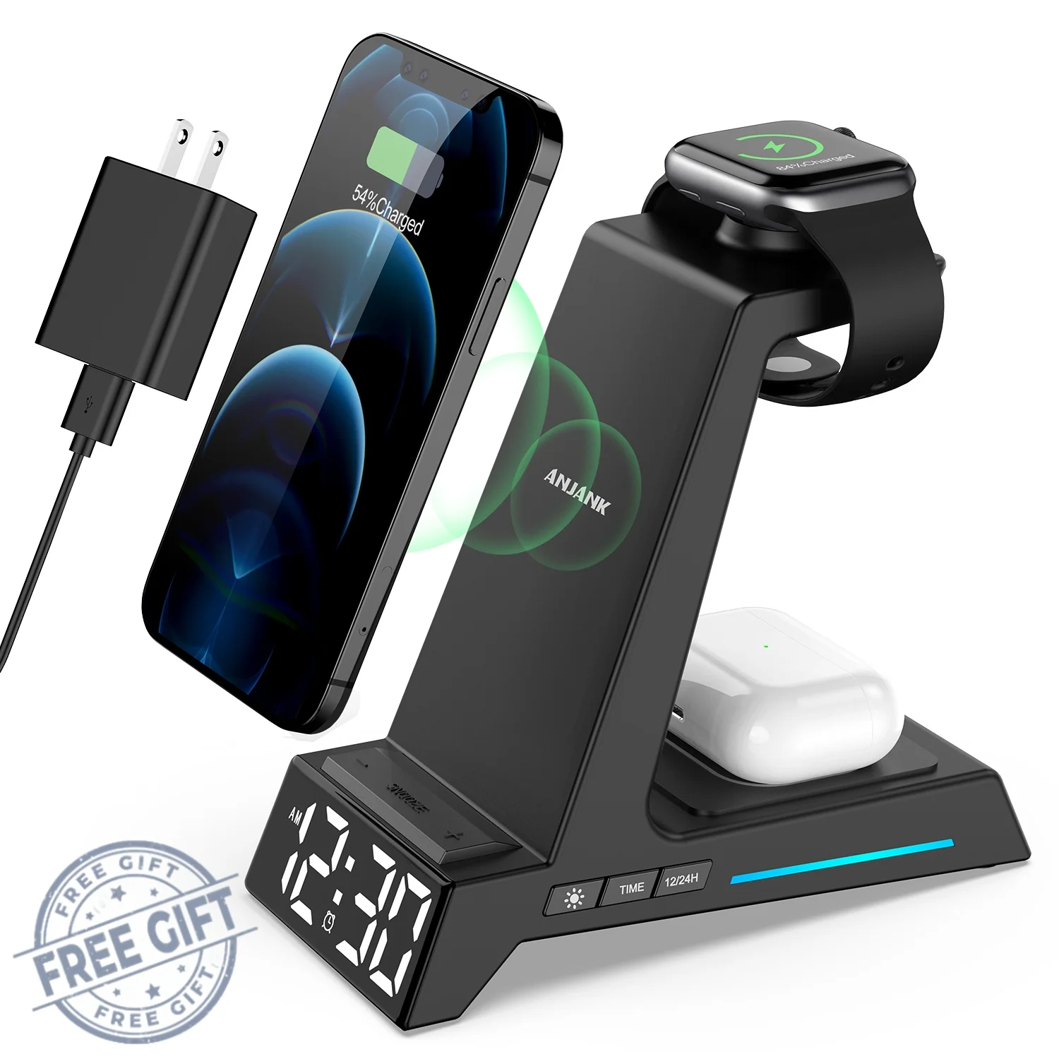 KERCHAN Wireless Charging Station-4 in 1 Wireless Charger with Alarm Clock,Charging Stand Dock for iPhone//AirPods/Apple Watch