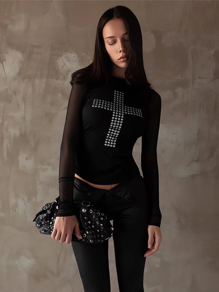 Sisterlinda 클래식 스티커 다이아몬드 티셔츠 여성 가을 전체 소매 기본 일일 트렌드 스트레치 스포티 스트리트 티