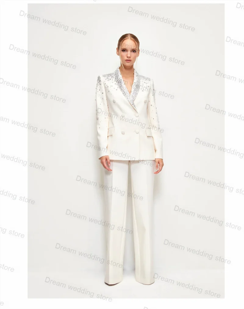 Pérolas de luxo feminino cristais terno branco, blazer e calças, feitos sob medida, smalking de casamento, formal, escritório, senhora, jaqueta, 2 peças