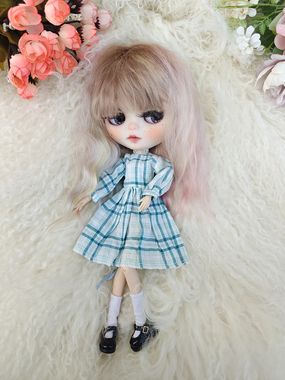 Blythe doll Clothes spring Cute Green checkered floral dress set Clothes for Ymy Licca Azones Ob22 24 27 YMY Doll Accessories