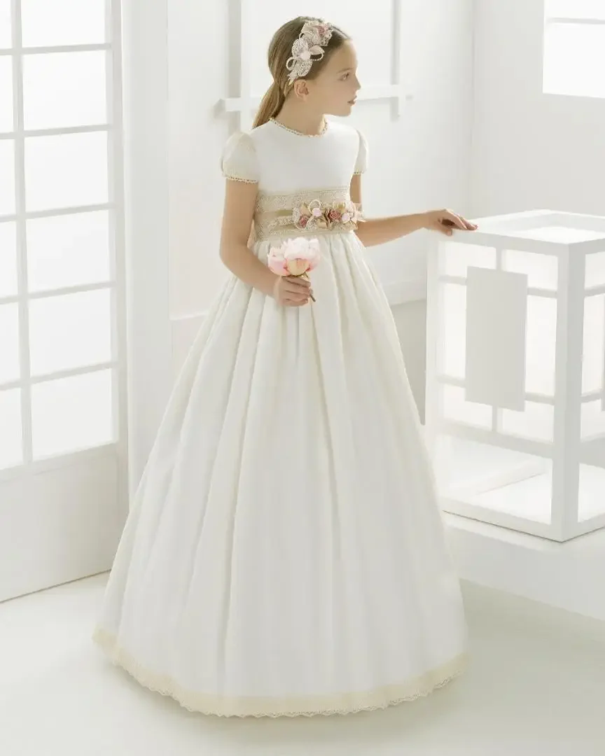 

Customized Pageant Dresses First Communion Dresses for Girls White Satin Lace Empire Flower Girl for Weddings Girls