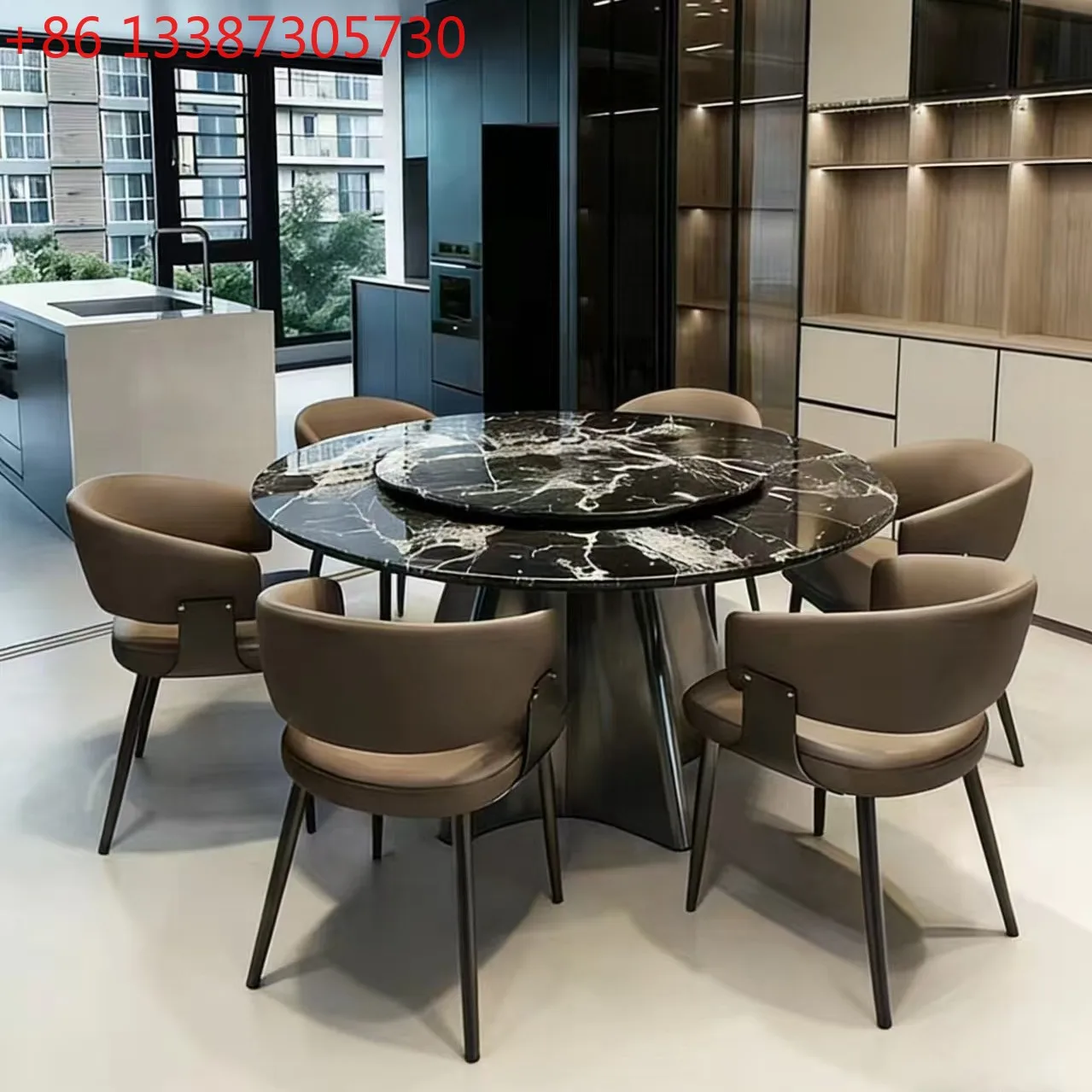 

Italian light luxury marble round dining table household luxury stone restaurant dining table