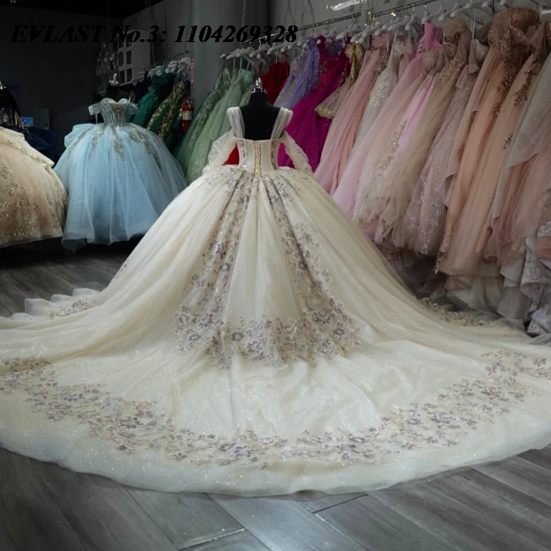 EVLAST Customized Glitter Beige Quinceanera Dress Ball Gown Applique Beaded Bow Corset Sweet 16 Dress Vestidos De 15 Anos E3Q522