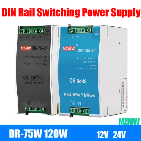 Fonte de alimentação do interruptor do trilho do RUÍDO, único transformador industrial da saída, 75W, 120W, 5V, 12V, 24V, 48V, CA, CC, DR-75, DR-5, 12, 15, 24, 48