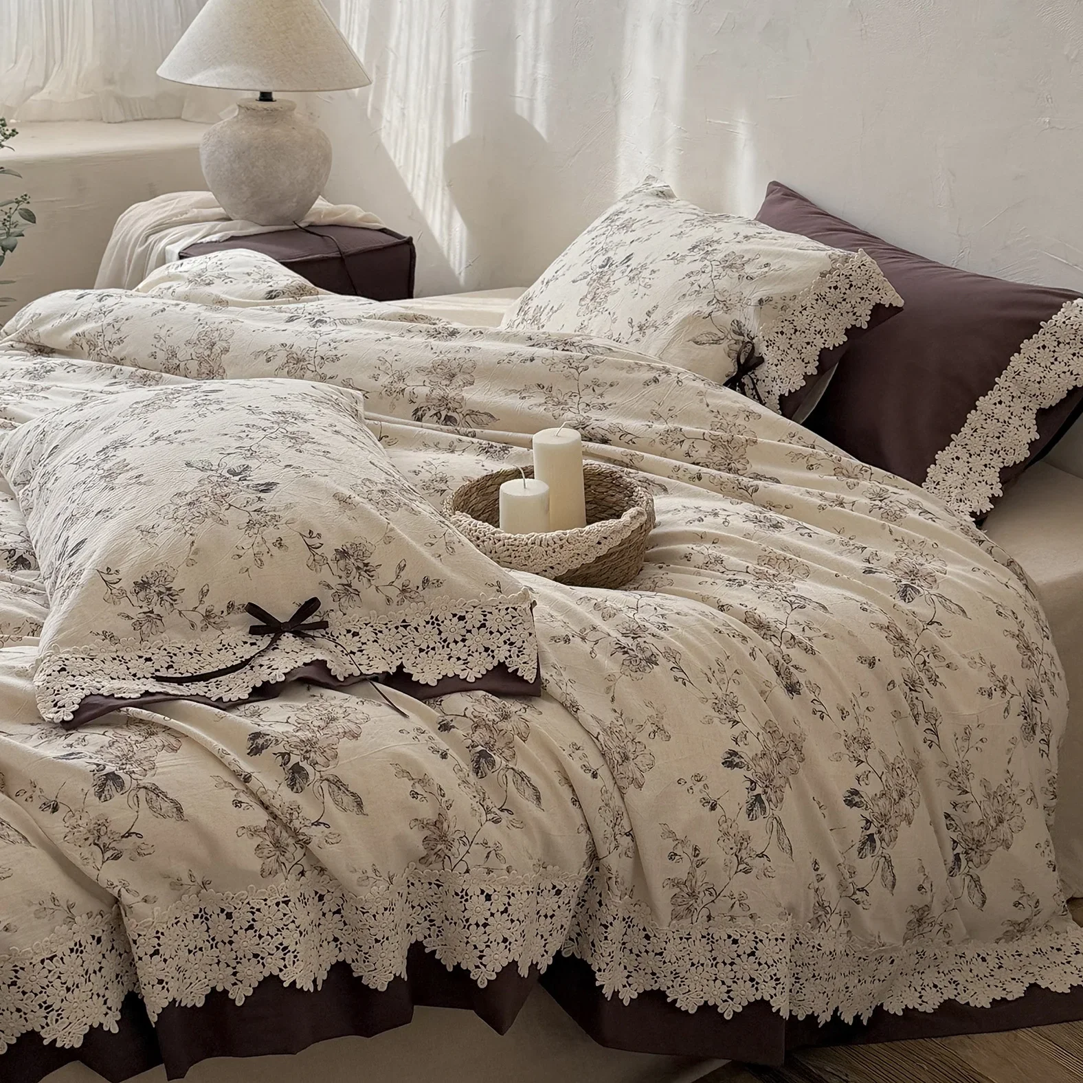 French medieval girl's heart cotton and linen blended four-piece set pure cotton linen lace master bedroom quilt cover bedding