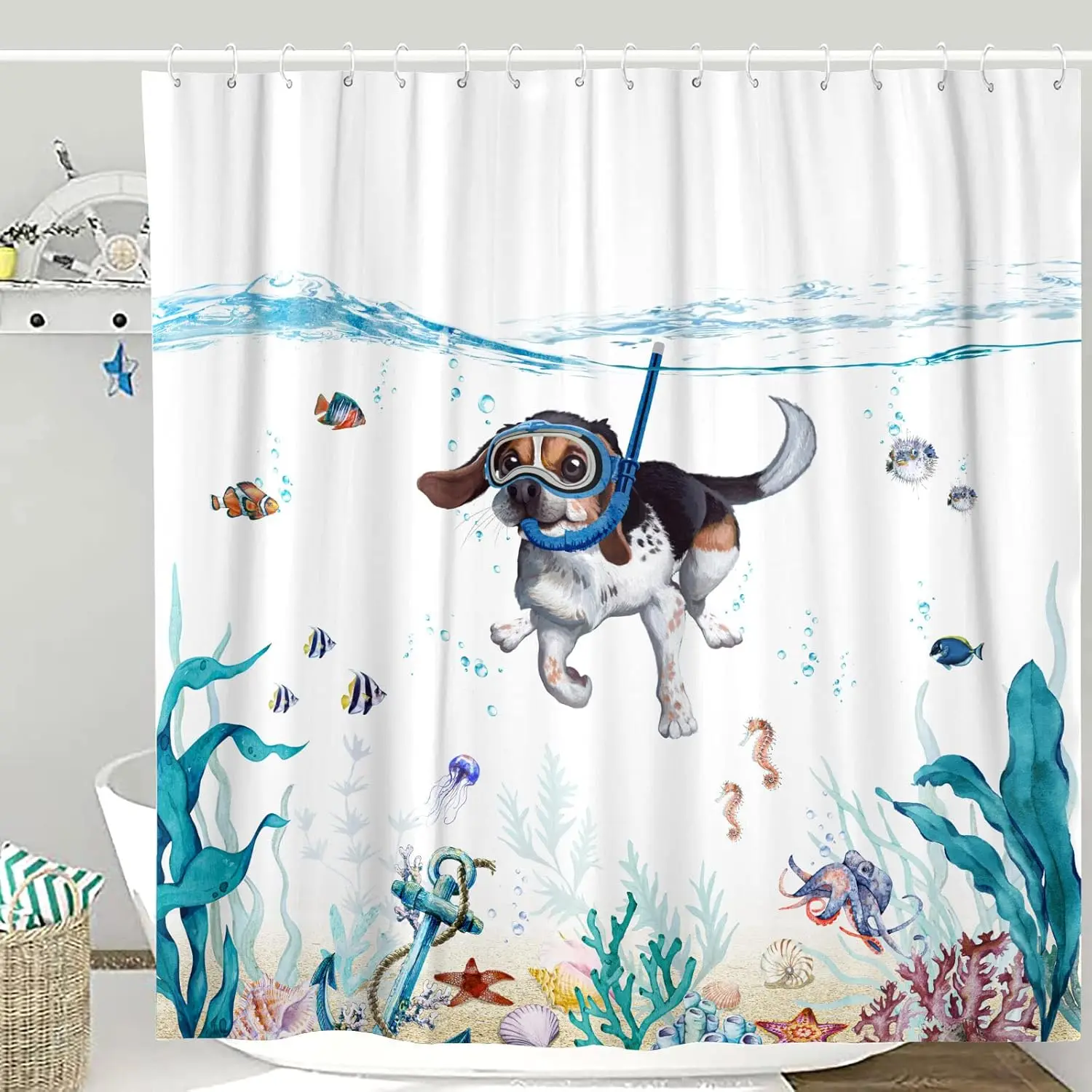

Funny Dog Shower Curtain with Ocean Animals - Waterproof Fabric for Bathroom Decor