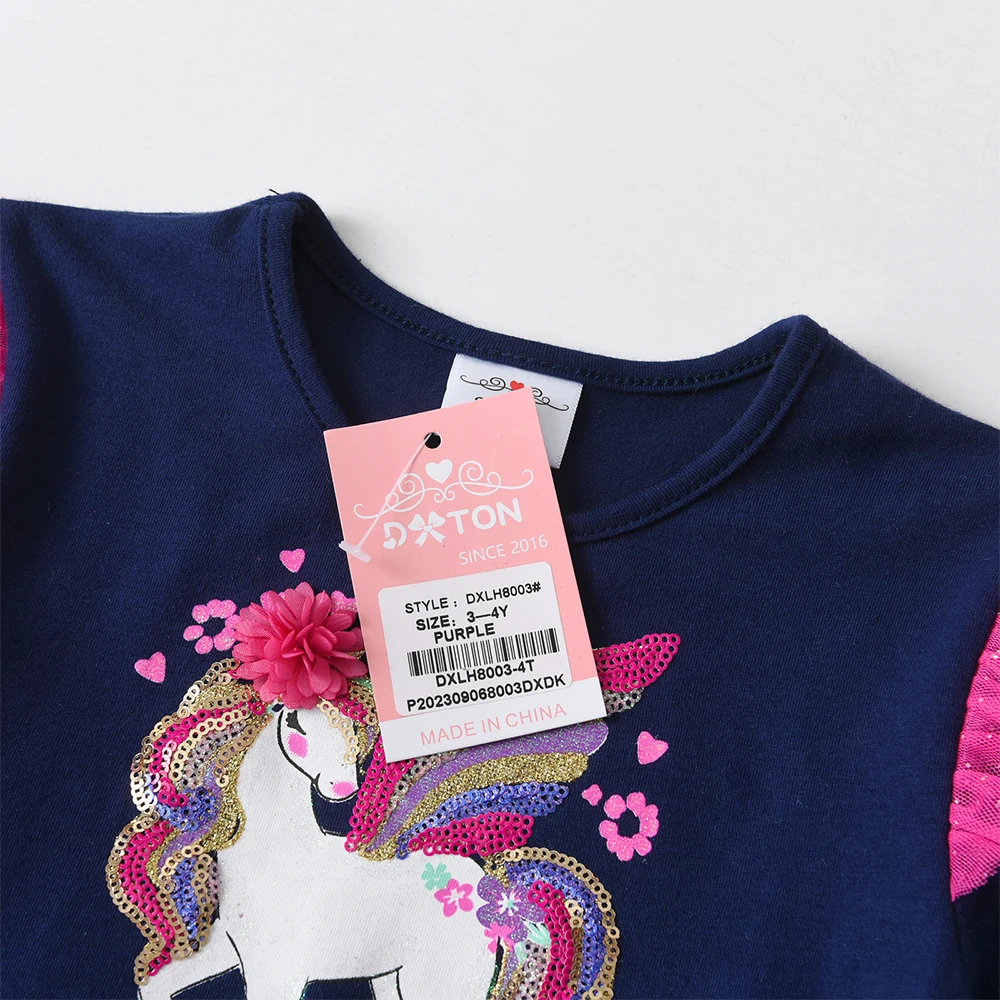DXTON Baumwoll-Kleider für Mädchen, Herbst, Langarm, Cartoon-Motiv, Kindergeburtstags-Partykleidung, Applikation, Blumenmuster, Prinzessinnenkleid für Mädchen – Detail 4