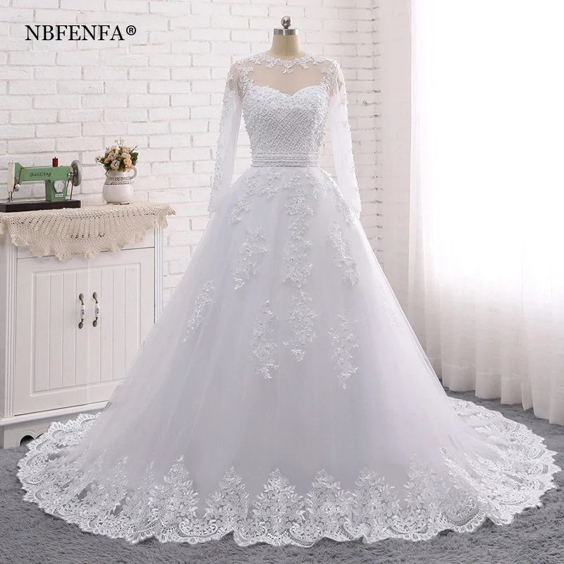 Luxury Long Sleeve Embroidered Beading Brides Wedding Dresses Sexy See Through Ball Gown Trailing Dress Women Formal Occasions