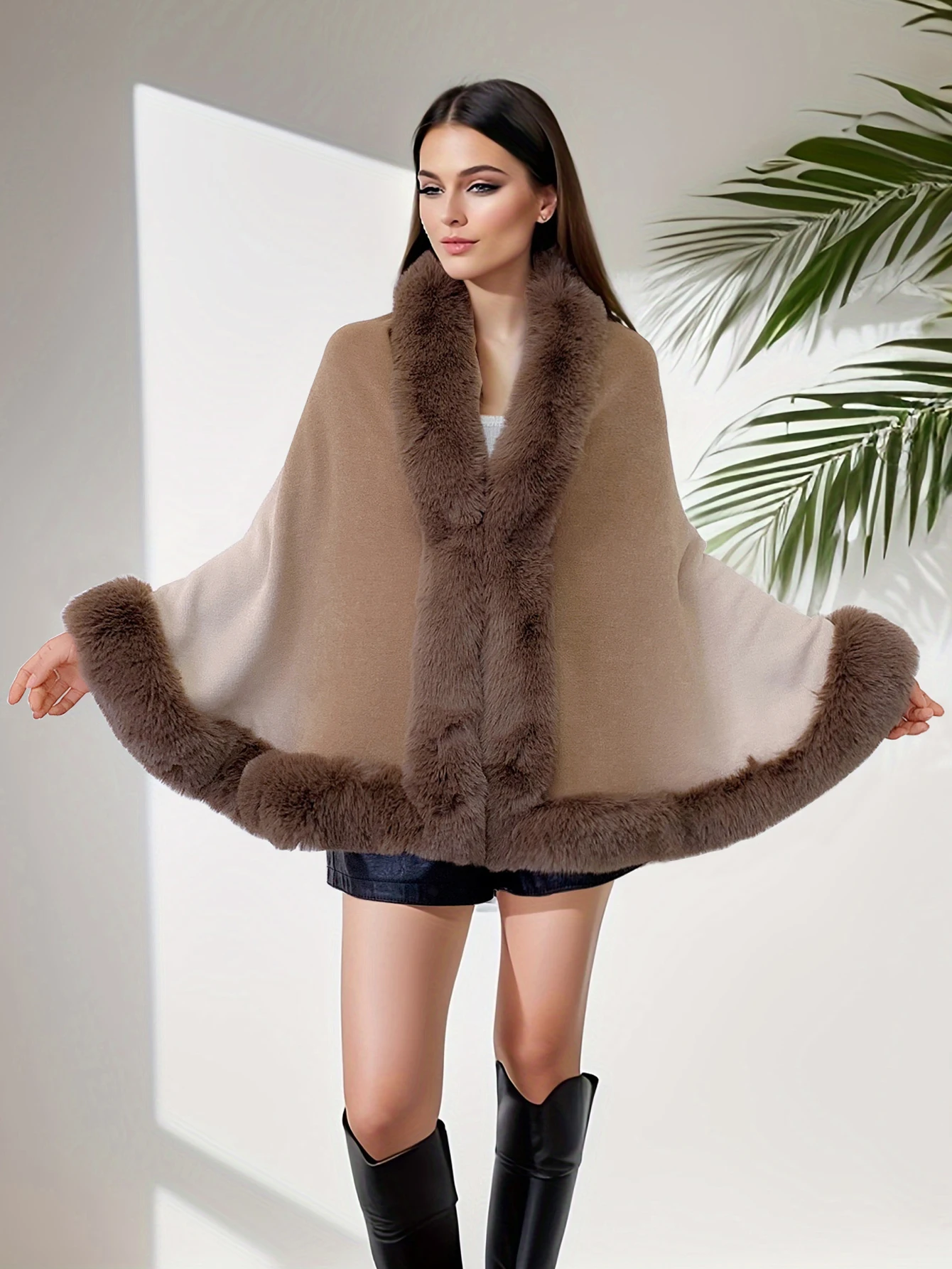 Gradient Color Knitted Rabbit Fur Collar Shawl Coat Autumn Winter New Style Qipao Versatile Top Matched Shoulder Cape Outerwear