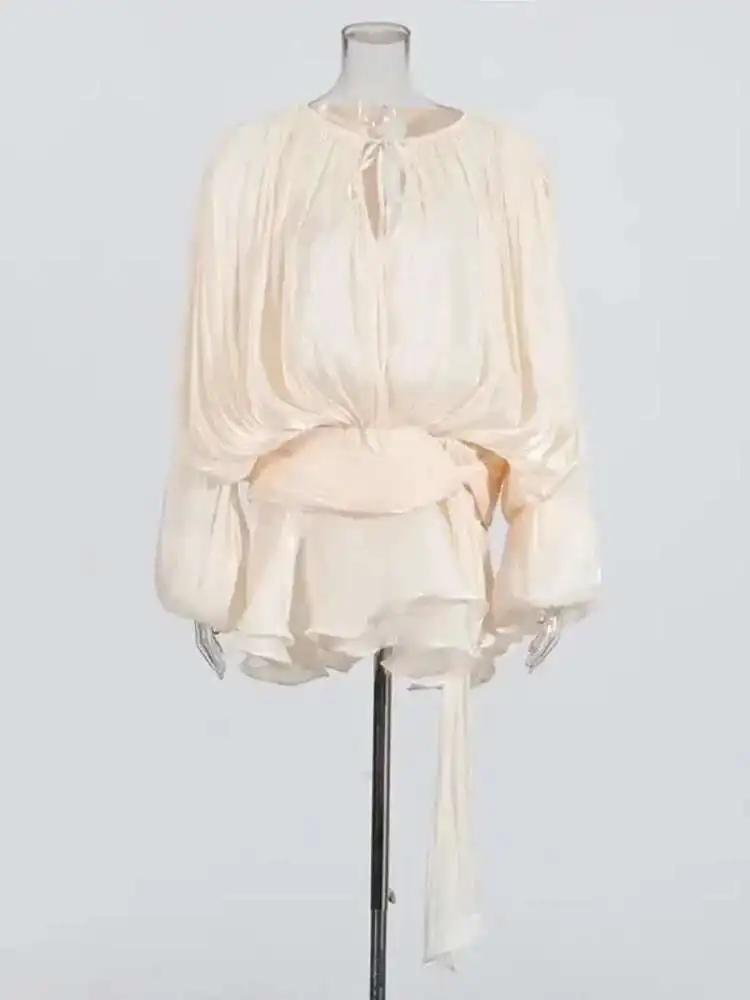 Elegante camada babados sólido cintura alta mini vestidos femininos rendas até moda o pescoço blusa plissada vestido 2025 roupas femininas