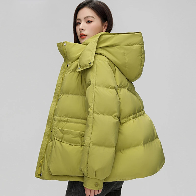 Short Women Jacket Korean Coats Down Fashion Simple Casual Puffer Coat Hooded Drawstring Loose Outerwear Warm Thick Down Jackets