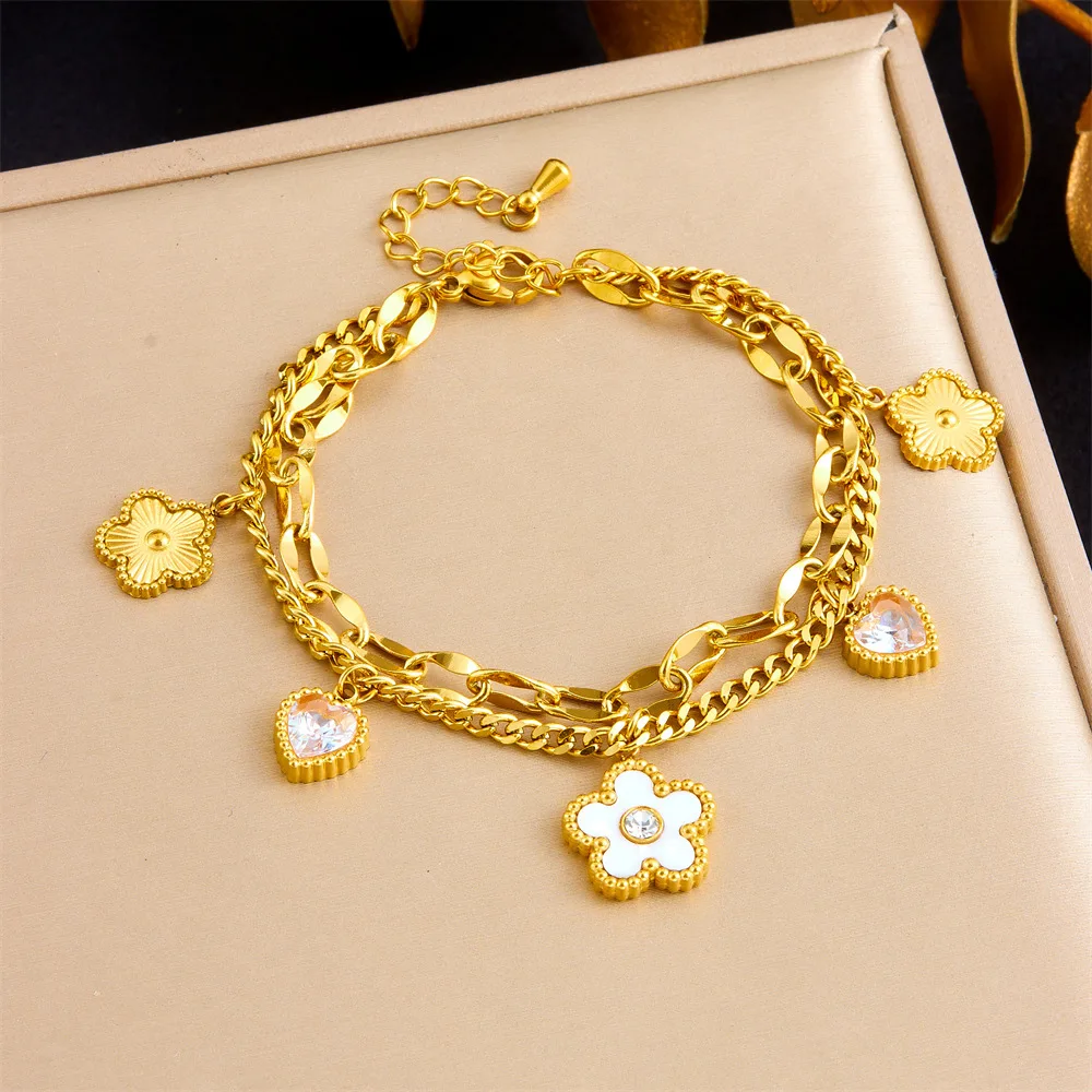 Cross-border European and American fashion simple double-layer stacked diamond-encrusted love white shell flower versatile stain
