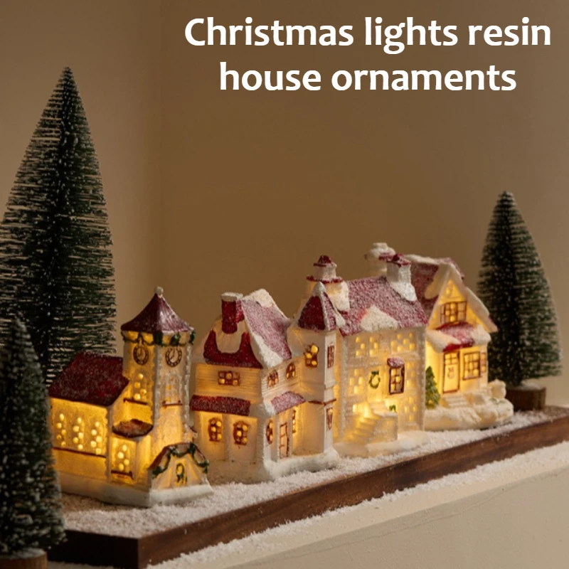 Resin house in Christmas Village, with LED lights, luminous snow house desktop decoration, fireplace frame miniature building.