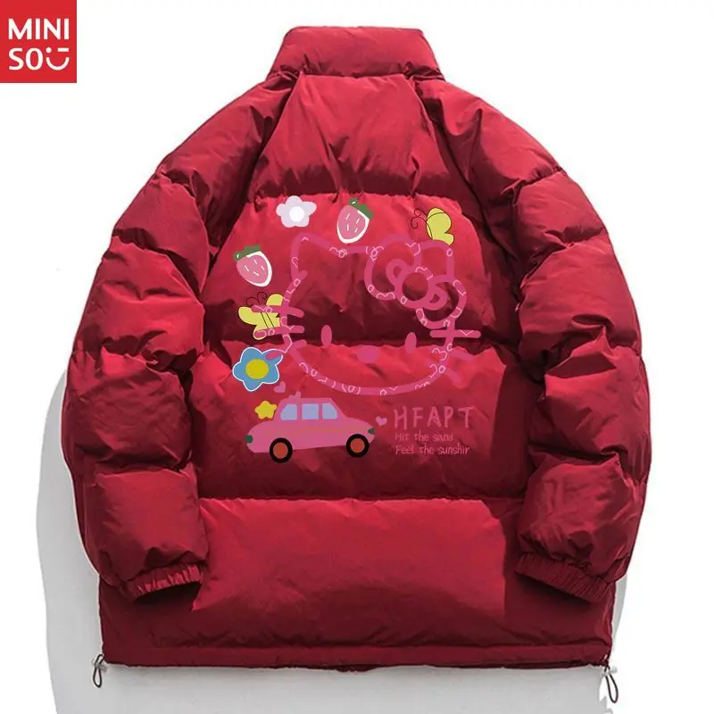 سترة منتفخة من Miniso Hello Kitty، معطف شتوي بياقة واقفة مع سحاب