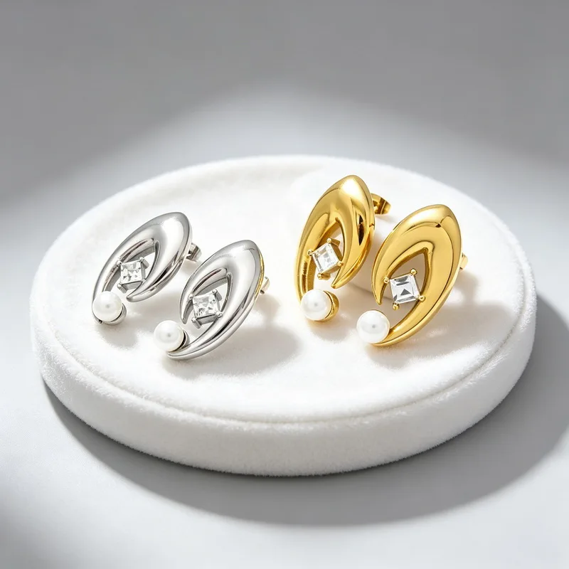 Kalen Abstract Curved Hollow Shell Pearl CZ Stud Earrings for Women Stainless Steel Gold Silver Color Minimalist Drop Jewelry