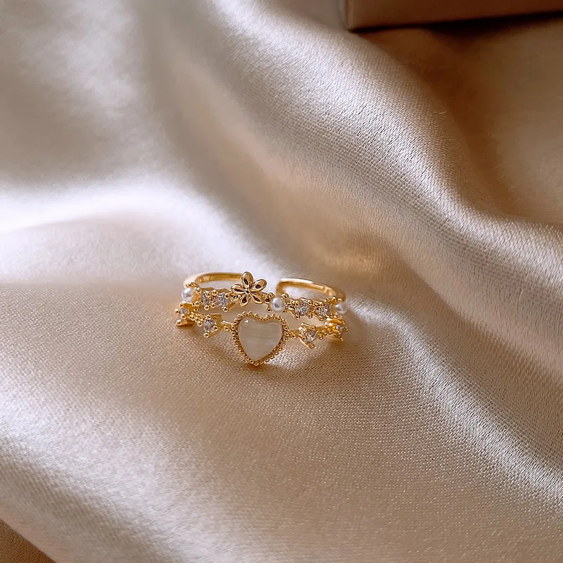 Nueva joyería de moda coreana, anillo de cristal de doble amor simple chapado en oro de 14K, accesorios elegantes para anillo de apertura diaria para mujer