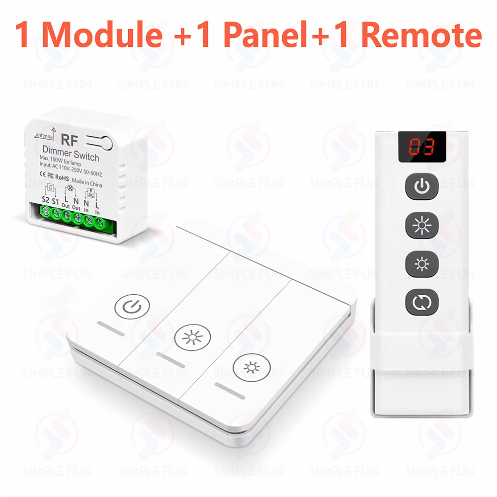 433 MHz kabelloser Dimmer-Lichtschalter, AC 110 V, 220 V, 230 V, dimmbares Schaltermodul, 5-in-1-Fernbedienung, für 10–150 W LED-Lampe, Halogen-Dimmung