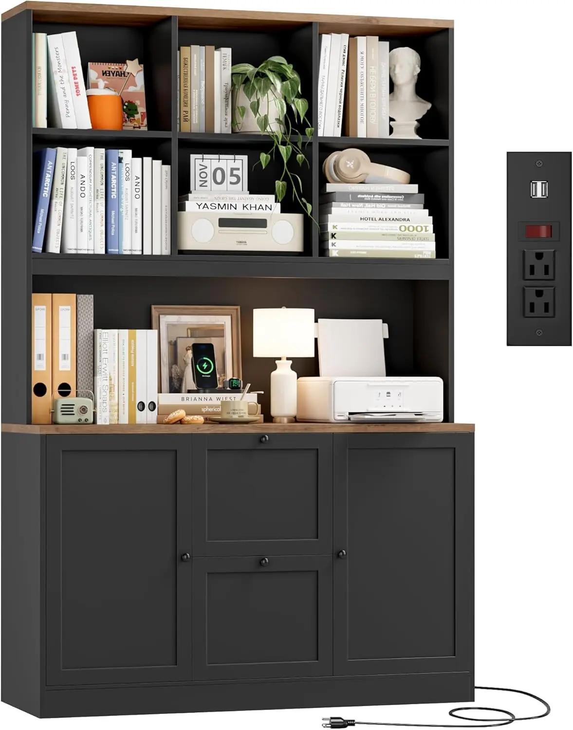 Tall File Bookcase with Outlet, 2-Drawer A4 Filing Cabinet, 3-Tier Shelf & Doors