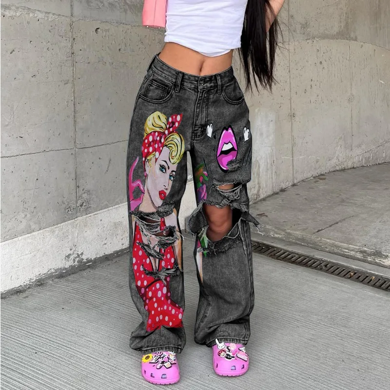 Retro Washed High Waist Wide Leg Jeans Women 2023 Fashion New Product Personalized Print Hollow Hole Straight Leg Trousers