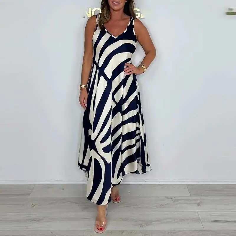 Retro Lady V Neck Hollow Sleeveless Commuting Casual Summer Printed Pocket Long Fashion Beach Bohemian Dress Vestido