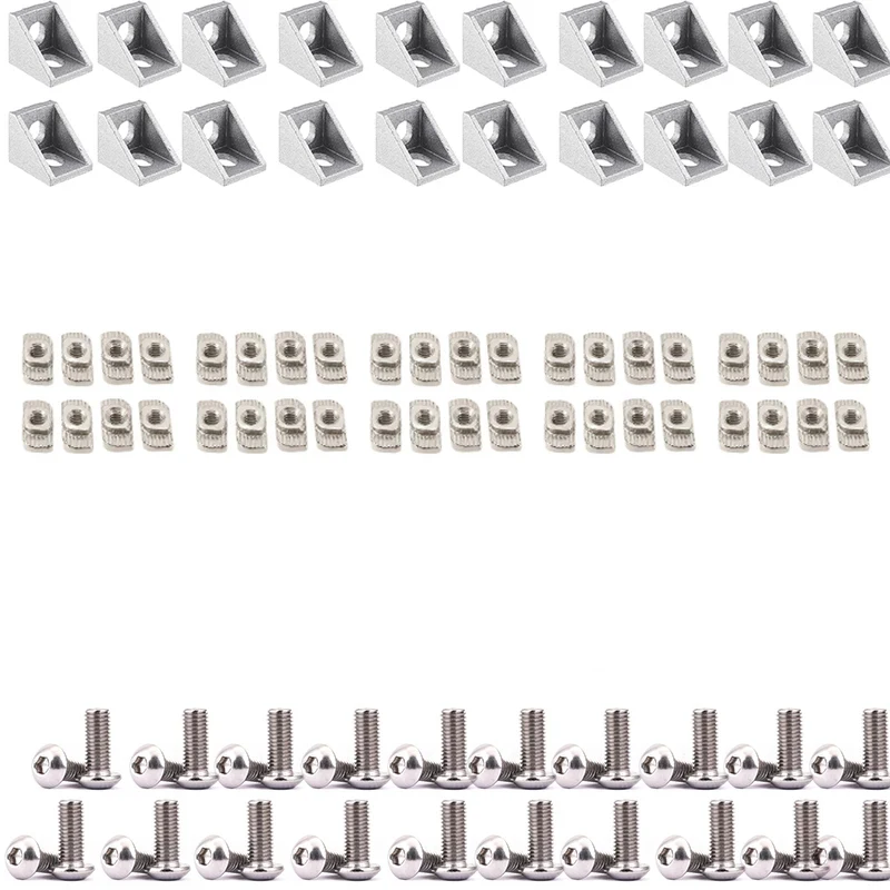 Aluminum Profile Connector 20pcs Corner Bracket + 40pcs 20 Series M5 T-slot Nuts + 40 M5x8mm Hex Socket Cap for Rail Accessories