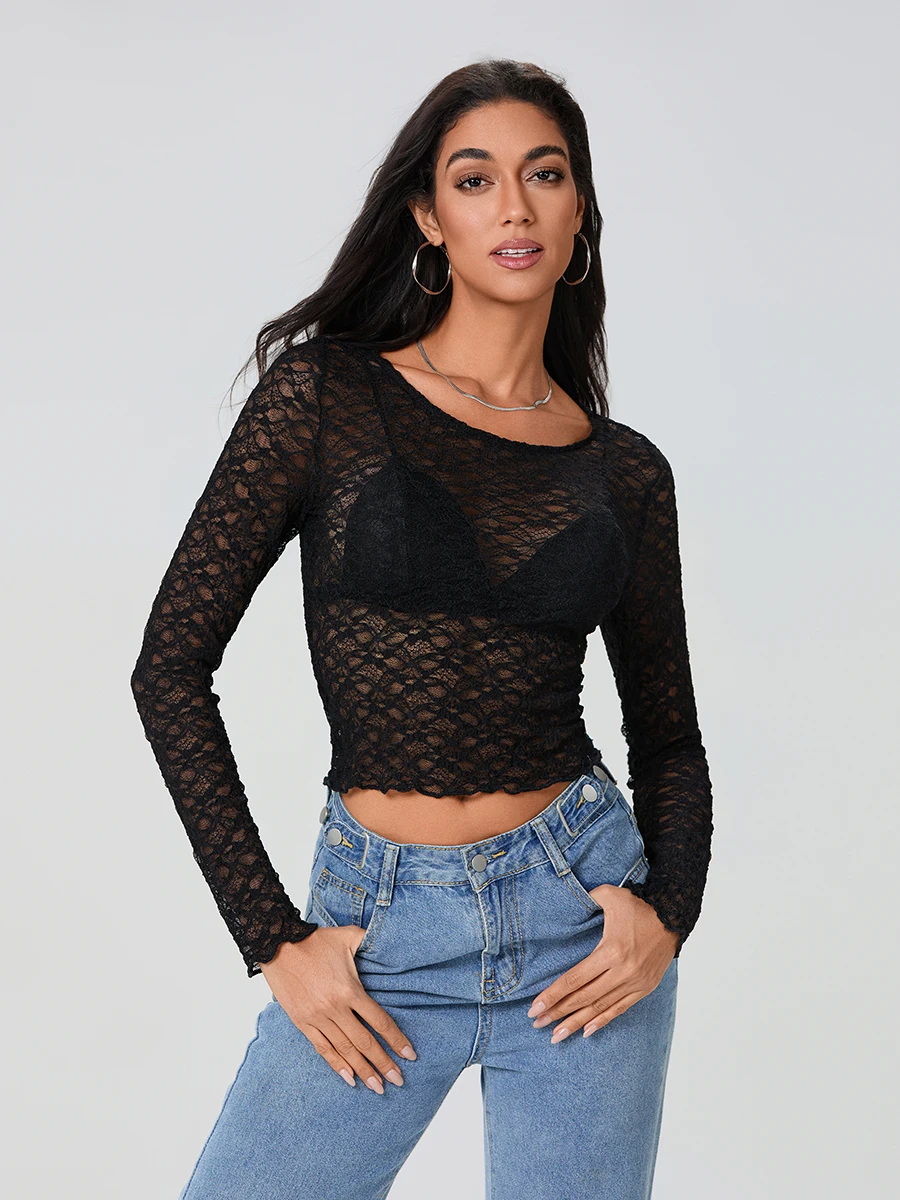 Women T-shirt Long Sleeve Crew Neck See-through Lace Tops  Sheer T-shirt Clubwear