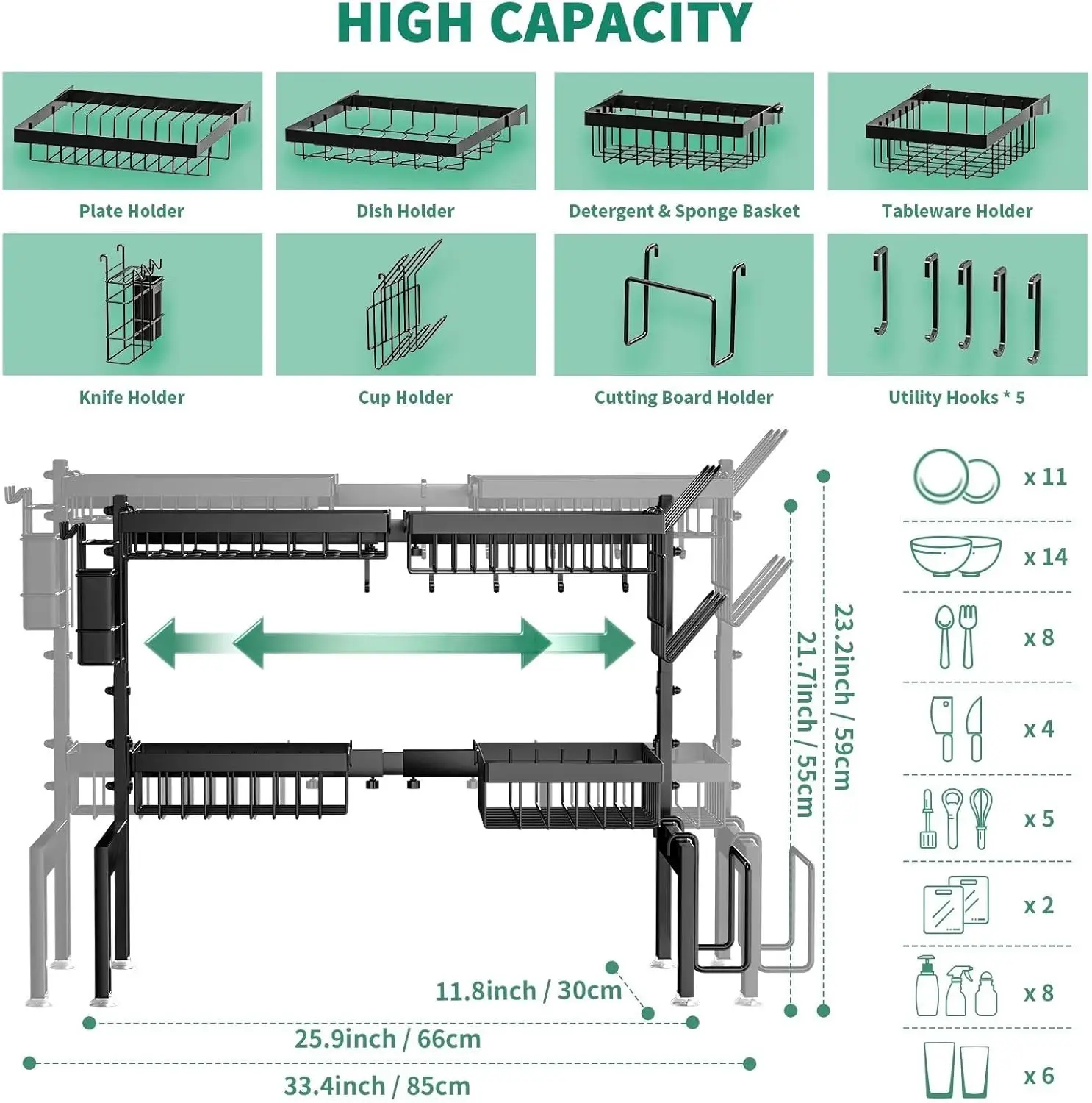 Aço Inoxidável Sobre O Pia Prato Secagem Rack, Ajustável Sobre Pia Prato Rack, Economia de Espaço, Comprimento 25,9 "-33,4"