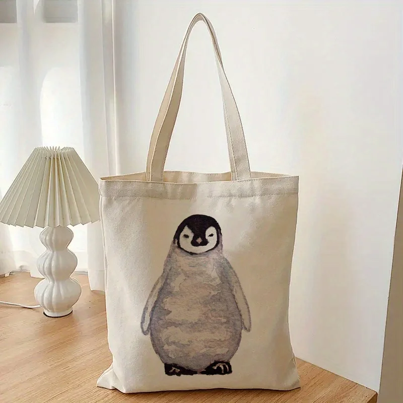 Kawaii Penguin Pattern Canvas Tote Bag, Simple Lightweight Storage Bag, All-Match Shopper Bag