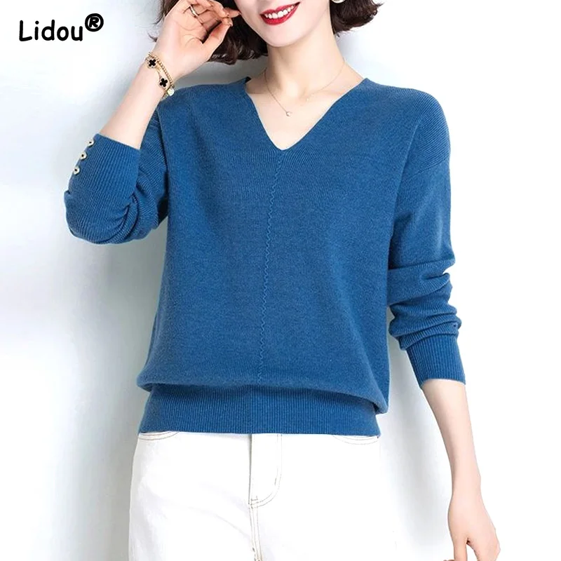 

Fashion New Autumn Winter Solid Color Women's Clothing 2022 Skinny Pullover Casual Knitted Long Sleeved V-neck T-shirts Trend