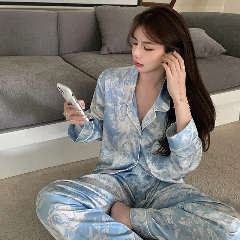 2023 Autumn New Ice Silk Women Pajama Lapel Button Cardigan Outfits for Women 2 Piece Set Fashion Printing Set Clothes for Women 5