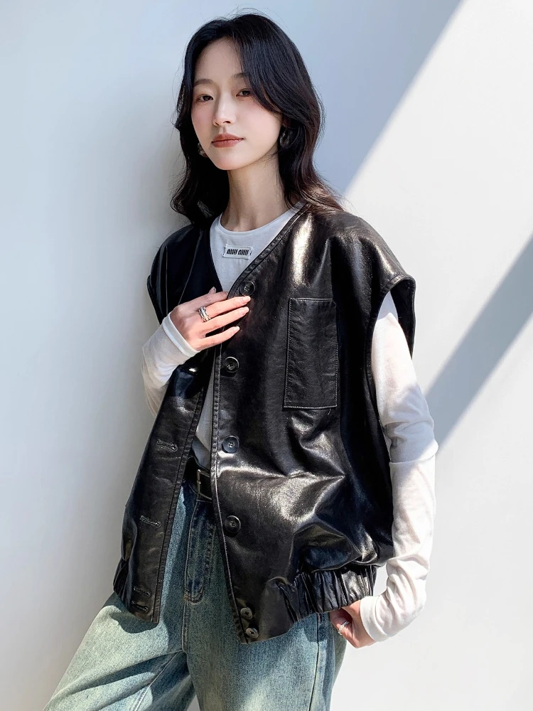 سترة دون أكمام من الجلد الطبيعي غير رسمية سترات نسائية لربيع وخريف 2025 معطف جديد عالي الجودة بسيط فضفاض ناعم أسود من جلد الغنم الحقيقي #3