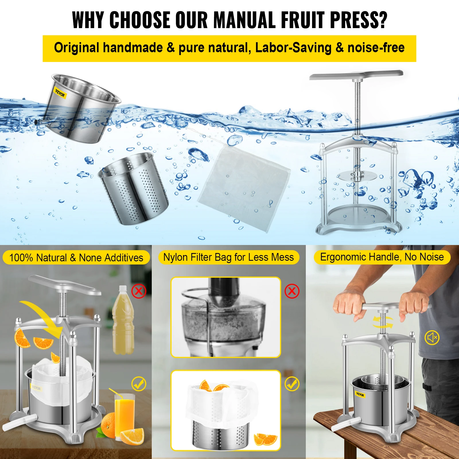 VEVOR 수동 과일 와인 프레스 스테인레스 스틸, 가정용 수동 압착기, 사이다 야채 팅크 프레스, 주방 기계, 3L, 6L