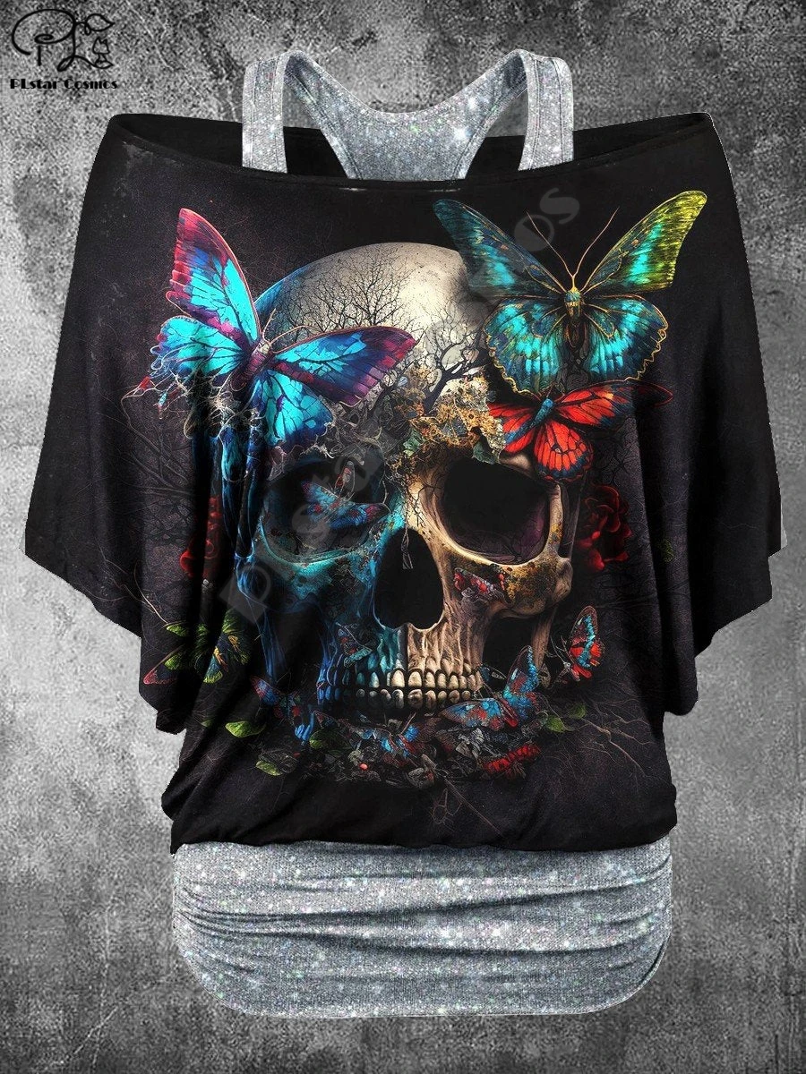 PLstar Cosmos 3D Printed Fake Two-Piece Top Women's Retro Punk Skull Casual T-Shirt Harajuku Streetwear Collection 7