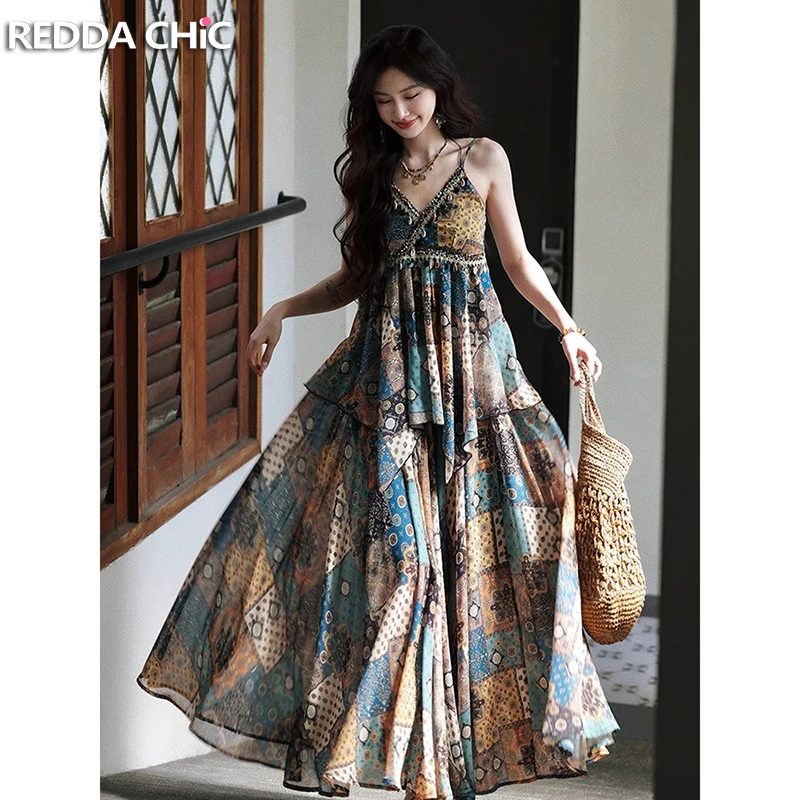 

REDDACHiC Women Boho Print Top Skirt Set Fringe Woven V-neck Cami Elastic Waist Flowy Long Skirt Vacation Retro Summer Clothes