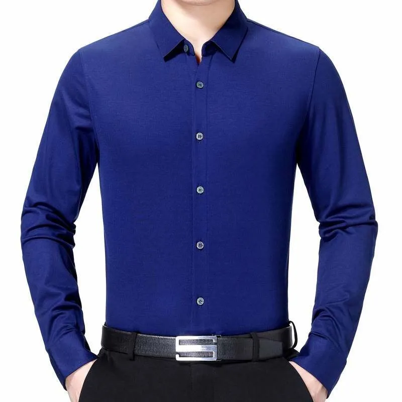 

Spring New Men's Long Sleeve Shirts Middle-aged Business Casual PU Leather Velvet Thickened Long-sleeved Pure Color Shirt