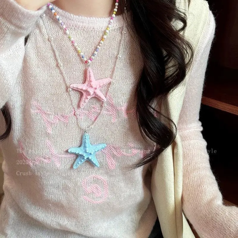 Cute Bohemian Starfish Necklace Beach Surfer Dopamine Bead Trendy Beach Necklace Splicing Colorful Summer Clavicle Chain Gift