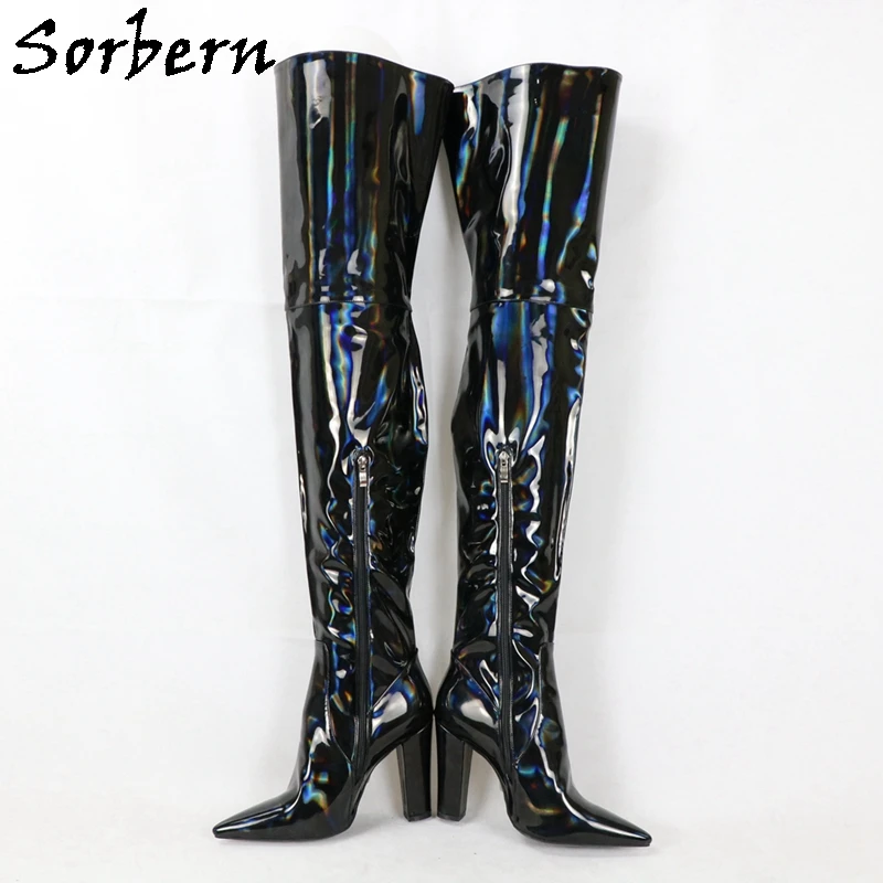 

Sorbern Holo Black Women Boots Customized Large Size Us17 Block High Heels Plush Lining Pointed Toe Mid Thigh High Shoes