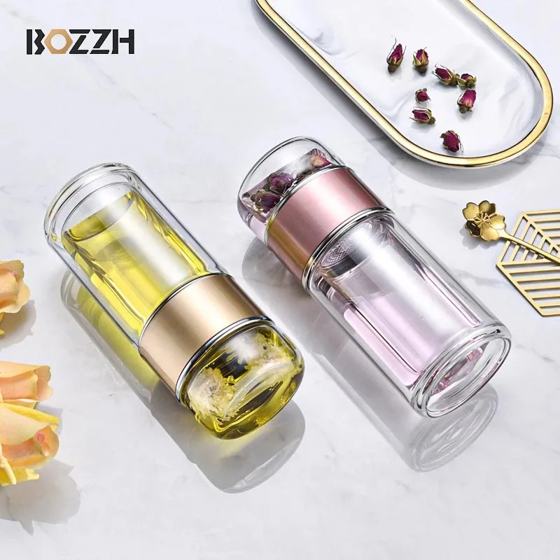 BOZZH 280ML Double Wall Glass Water Bottle Tea Infuser Stainless Steel Filter Separation Tumbler Tea Cup Home Travel Drinkware