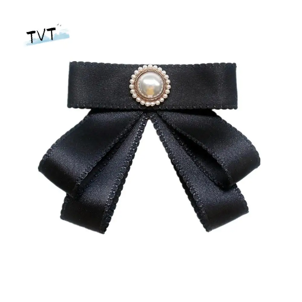 반짝이는 단색 블랙 리본 핀 진주 라인스톤 블랙 보우 넥타이 다층 로리타 장례식 기념 핀 남성용