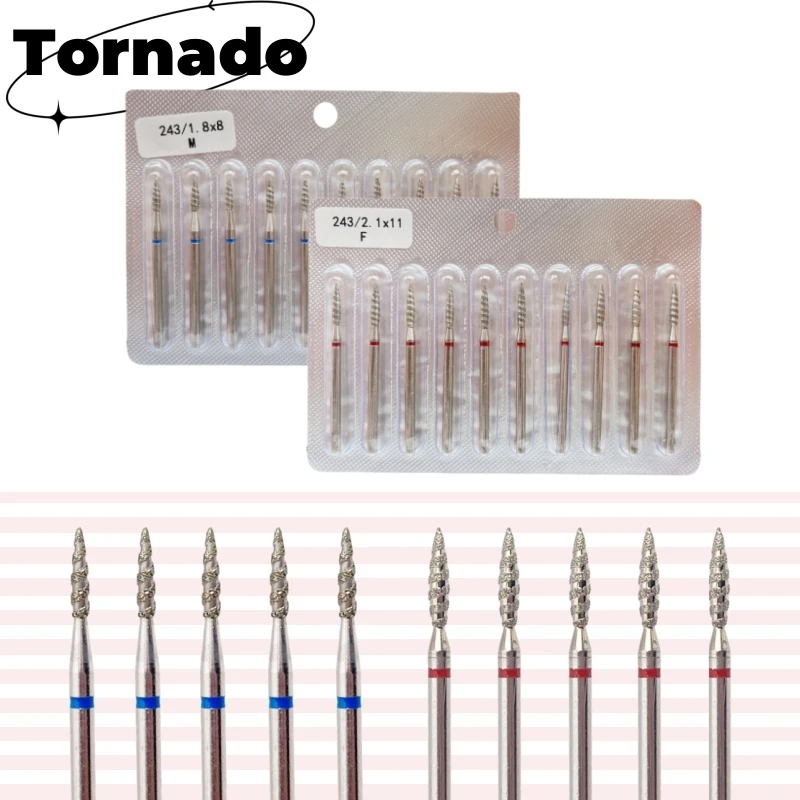 10Pcs Tornado Flame Diamond Nail Drill Bit Fine&Medium Grit Size Manicure Cutters Rotary Burr Drill Accessories Spiral Nail Tool