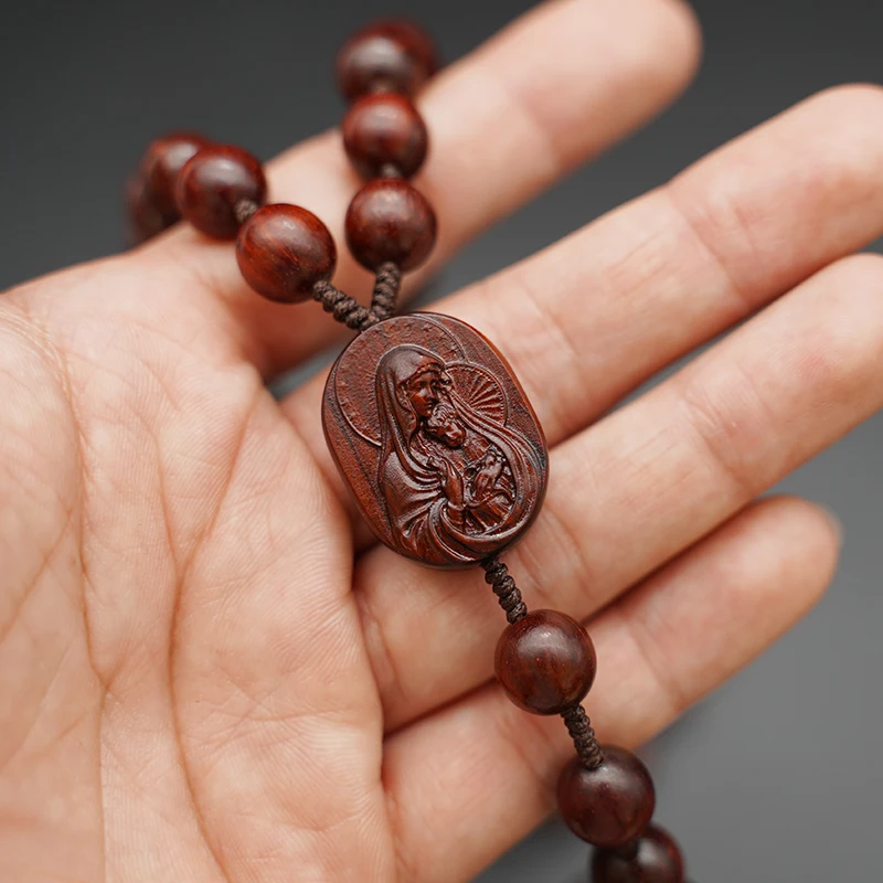 Rosewood Ebony Rope Chain Beaded Bracelet Wooden Rosary Handmade Our Lady Jesus Wood Necklaces for Women Men Religious Jewelry