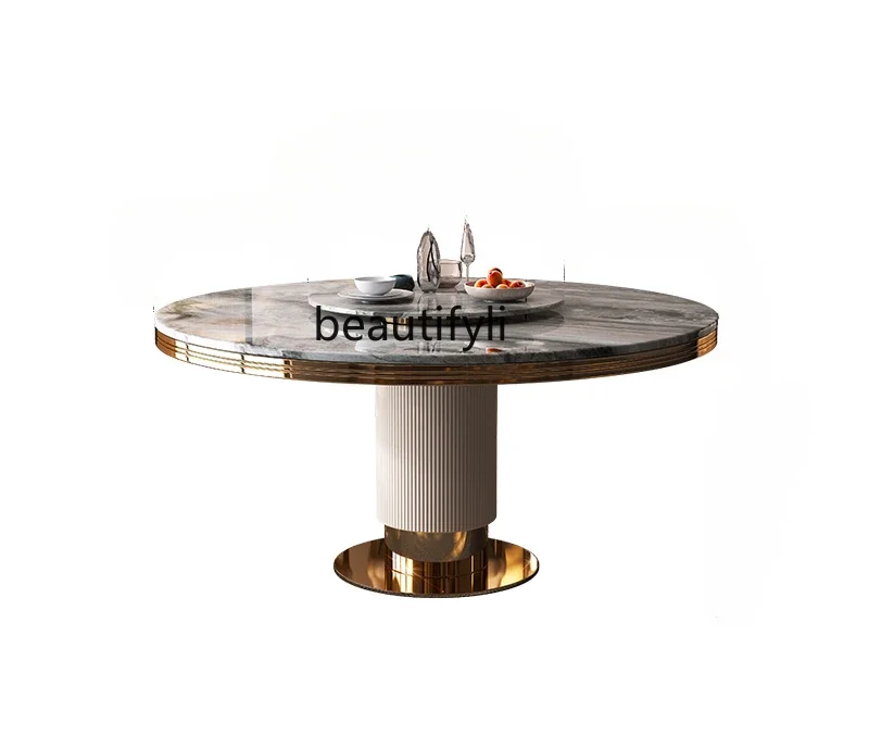 

luxury stone round dining table and chairs combination 8 people with turntable modern simple light luxury marble dining table