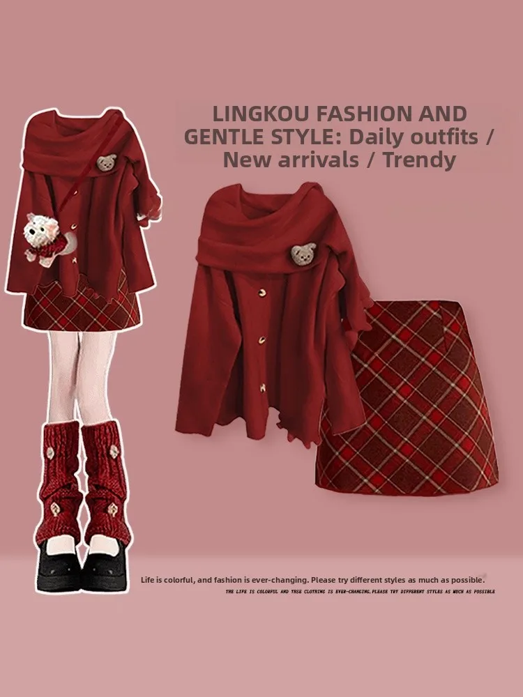 

Вязаный свитер и клетчатая юбка на тему Cisas для женщин, повседневный комплект из двух предметов, красный цвет, антивозрастной дизайн