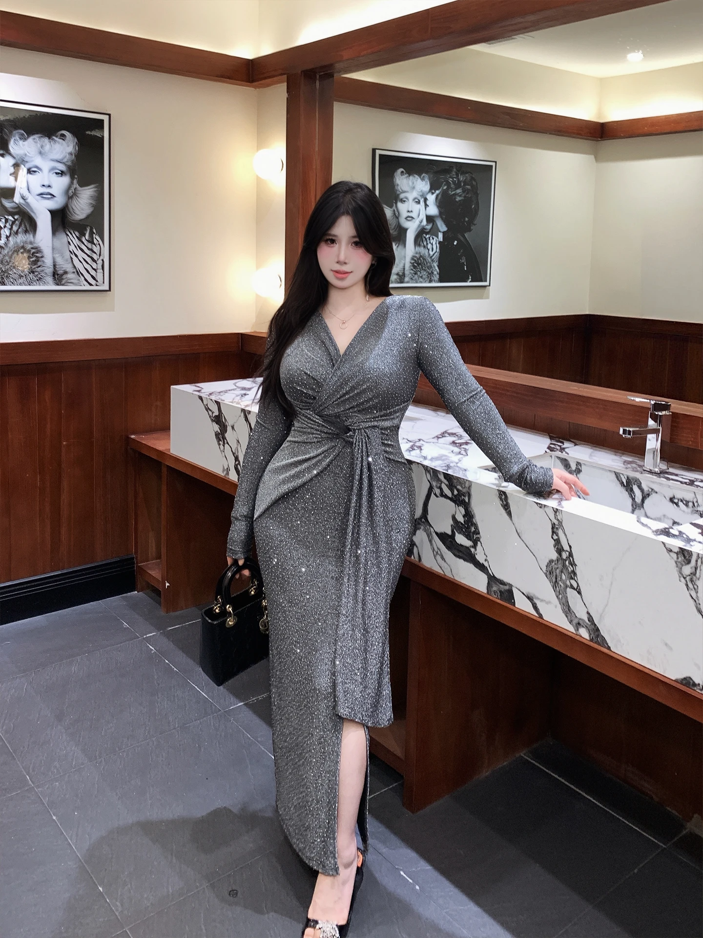 

Babes Sparkling Slimming Large Size Silver Thread Sequin V-Neck Waist-Cinched Fitted Long Dress Evening Gown Luxury Style