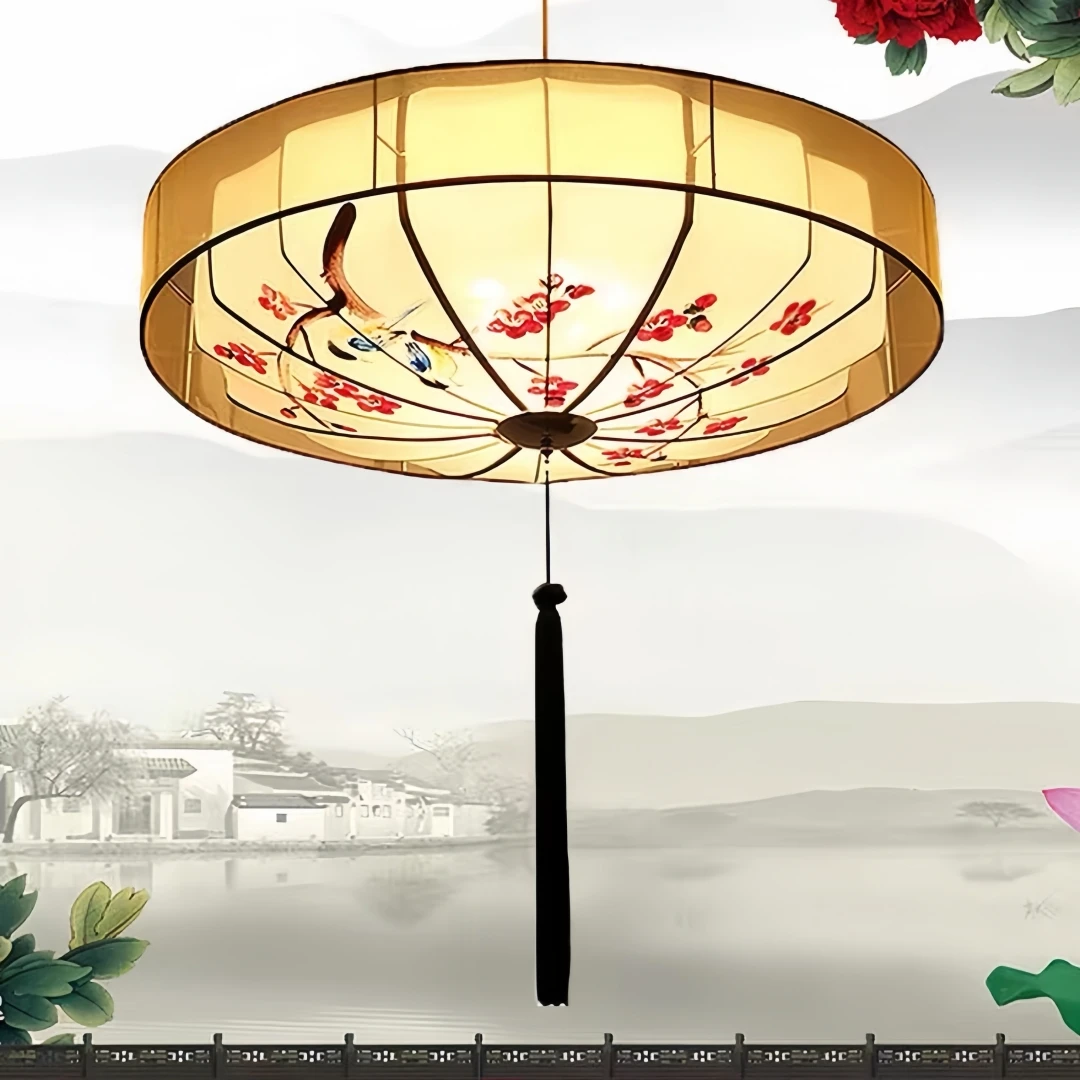 New Chinese Plum Blossom Drum Pendant Light for Dining Tea Room Entryway Oriental Zen Retro Warm Traditional Home Ceiling Decor