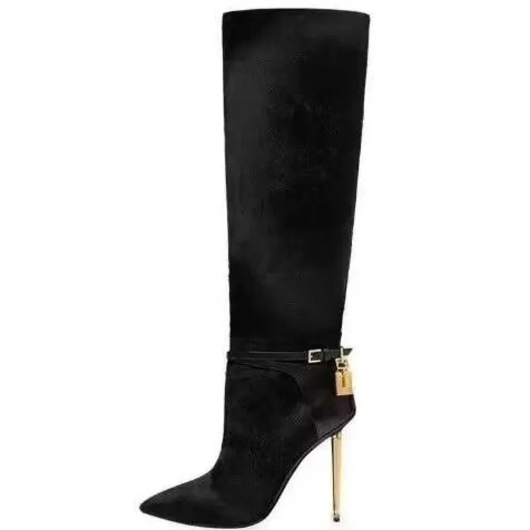 Street Style Metal Lock Pointed Toe Knee-High Women Boots Metal Stiletto High Heels Side Zipper Design Large Size Fashion Shoes