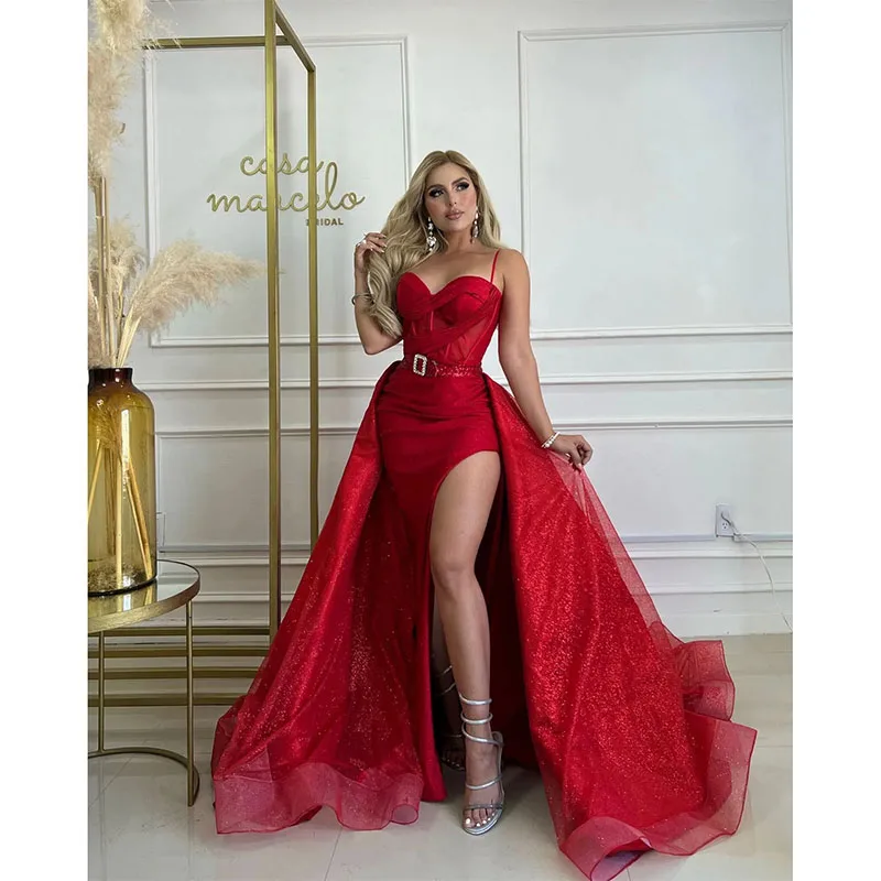 

Sexy Red Mermaid Evening Dresses With Detachable Overskirts Sweetheart Glitter Party Prom Dress Split Sweep Train Long Dress