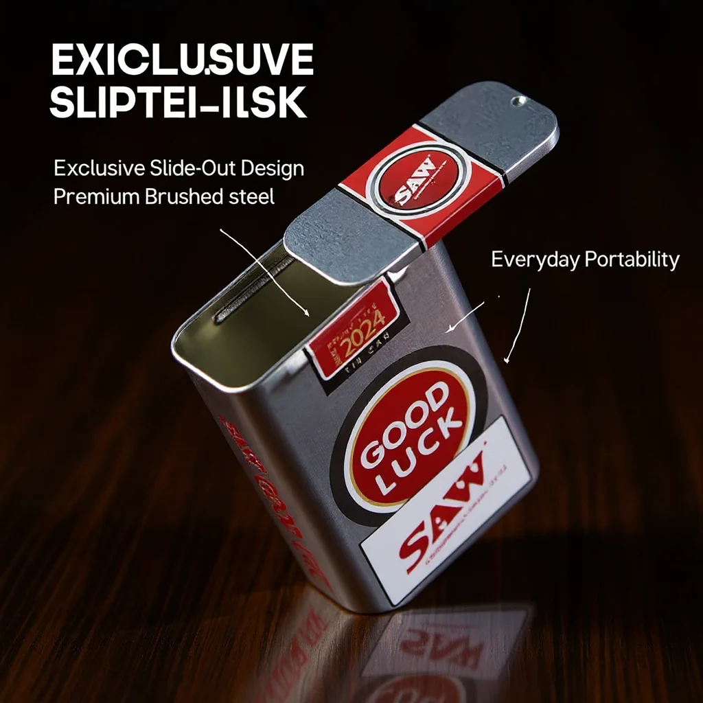 SAW Good Luck Exclusive Push-Slide Tinplate Cigarette Case | Portable Durable Tin Storage Box with Good Luck Retro Design
