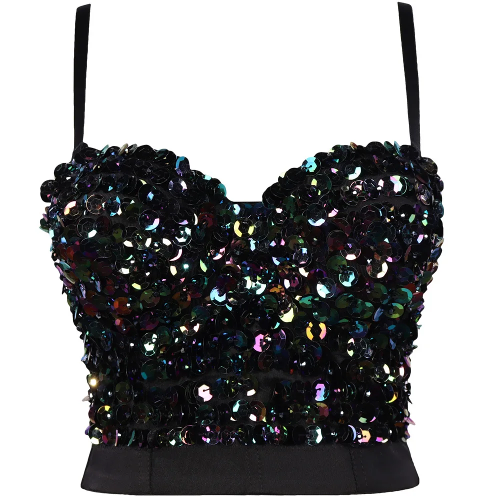 Fashionable Slim Fit Sequin Tank Top Women's Casual Bright Spangle Strap Vest Street Style Polyester Outerwear Regular Length